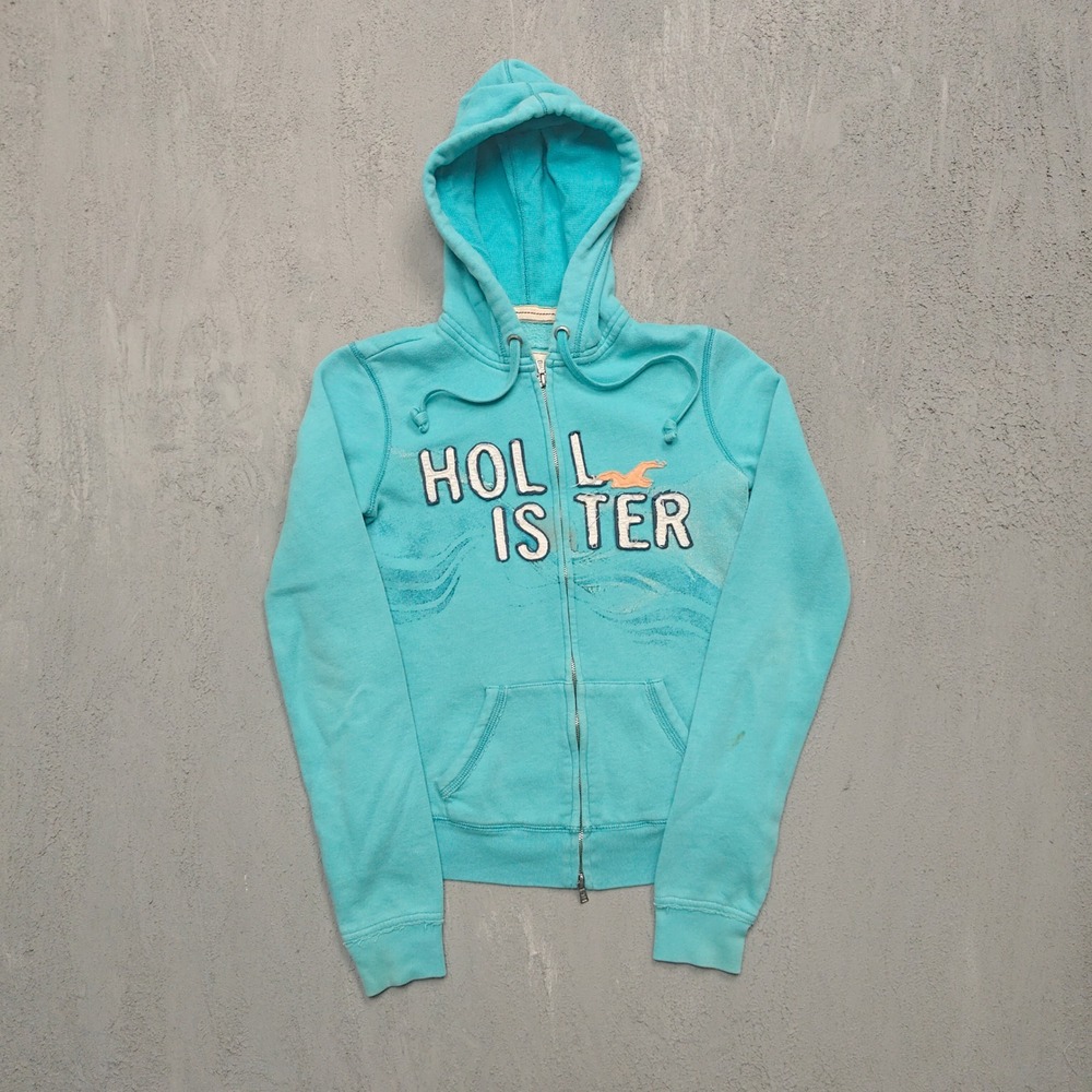 Vintage Hollister Graphic Full Zip Hoodie Womens Small Turquoise Y2K